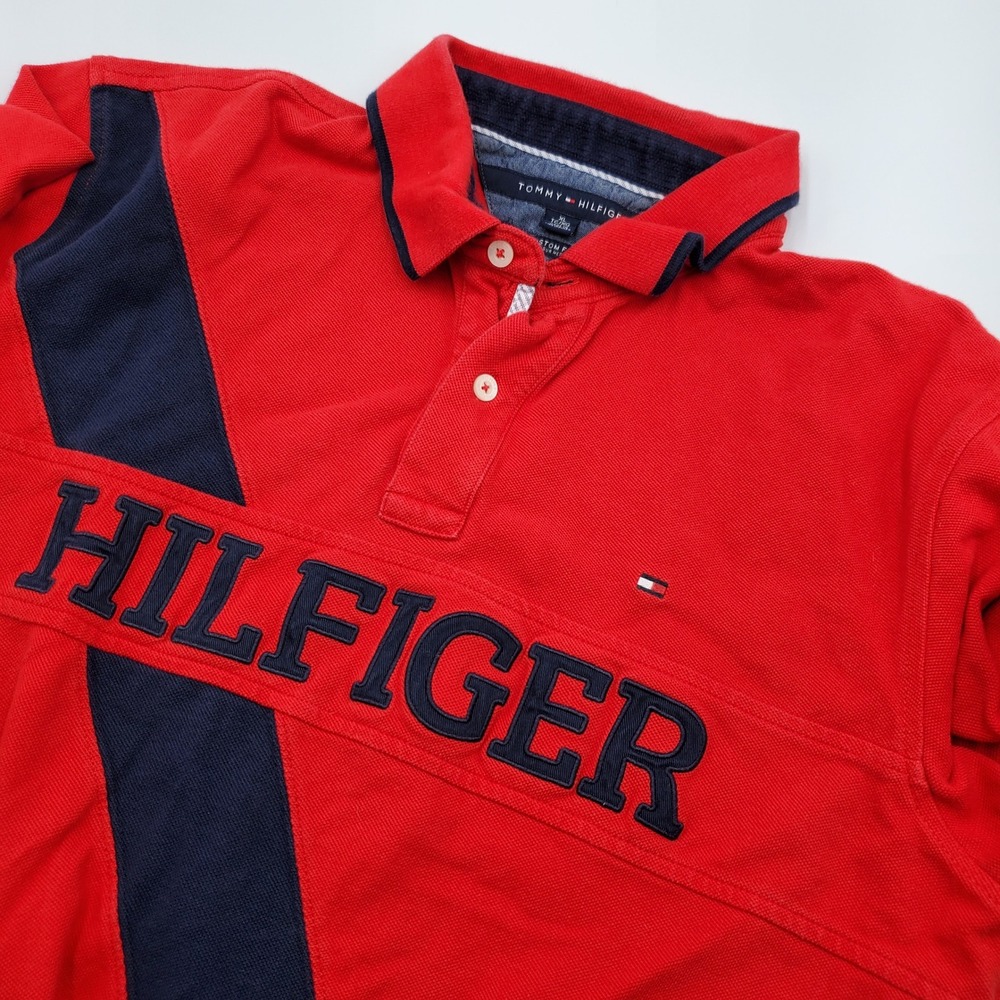 Tommy Hilfiger Mens XL Custom Fit Red Navy Blue Logo Stripe Polo Shirt